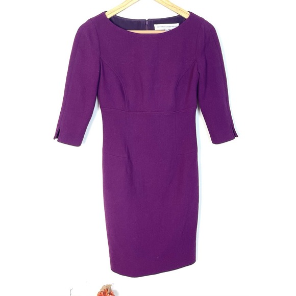 CAROLINA HERRERA Virgin Wool Blend Silk Lined Sheath Dress Boat Neck Purple 4 - Picture 1 of 16
